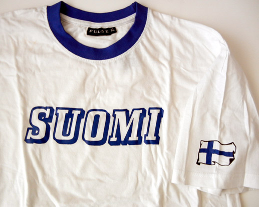 White Suomi Finland T-shirt with flag on sleeve